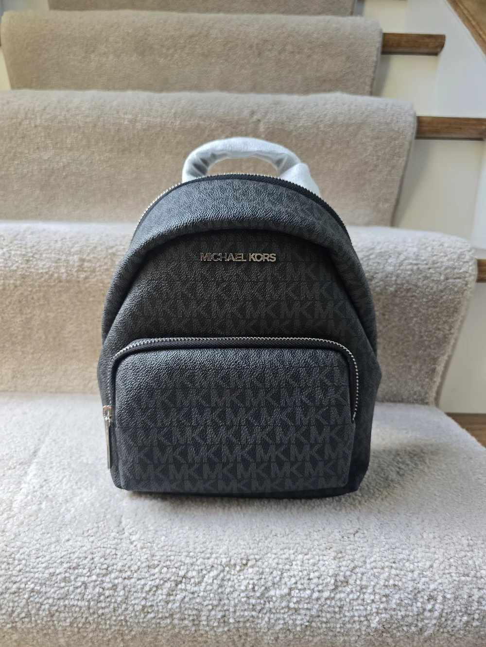 Michael Kors Small Monogram Logo Backpack in Charcoal Black